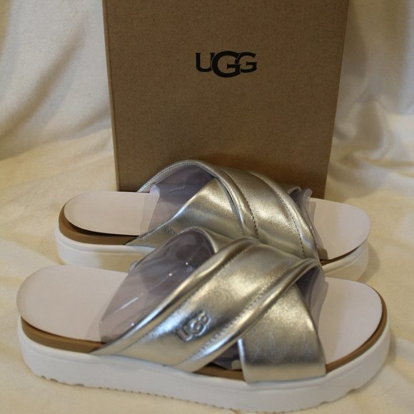 NIB UGG WOMEN'S ZAYNE LEATHER WEDGE SANDALS SILVER - Picture 6 of 7